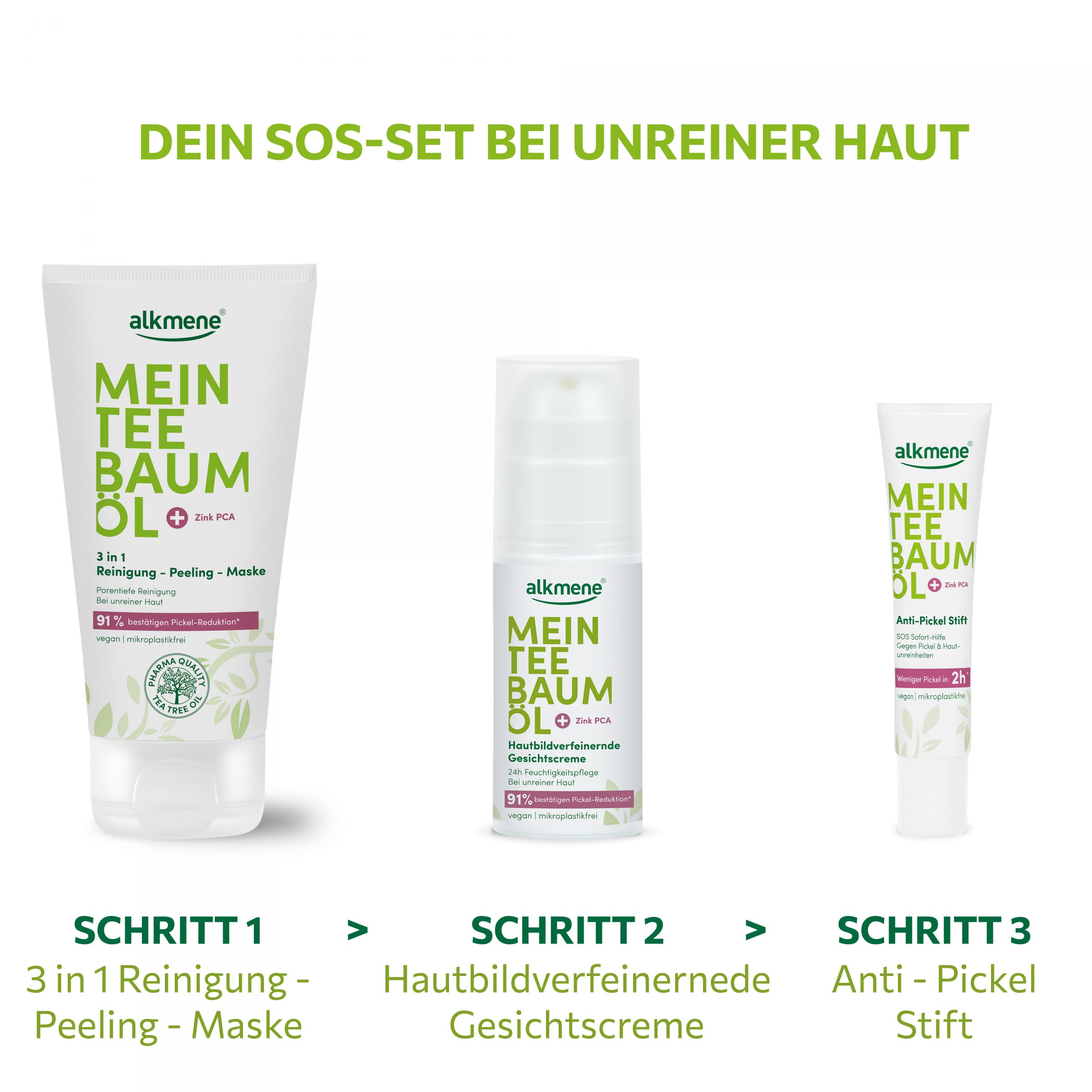 MEIN TEEBAUMÖL SOS set bei unreiner haut mit 3in1 reinigung peeling und maske, gesichtscreme und anti-pickel stift