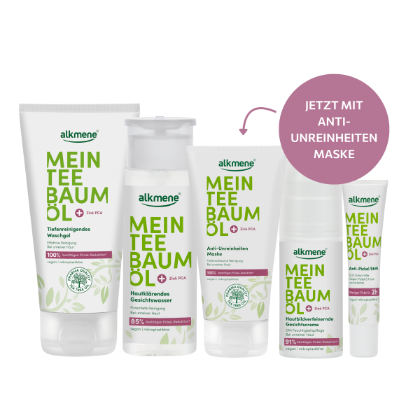Produktbild des Sets mit 5 Produkten. alkmene MEIN TEEBAUMÖL Deine große Pflgeroutine