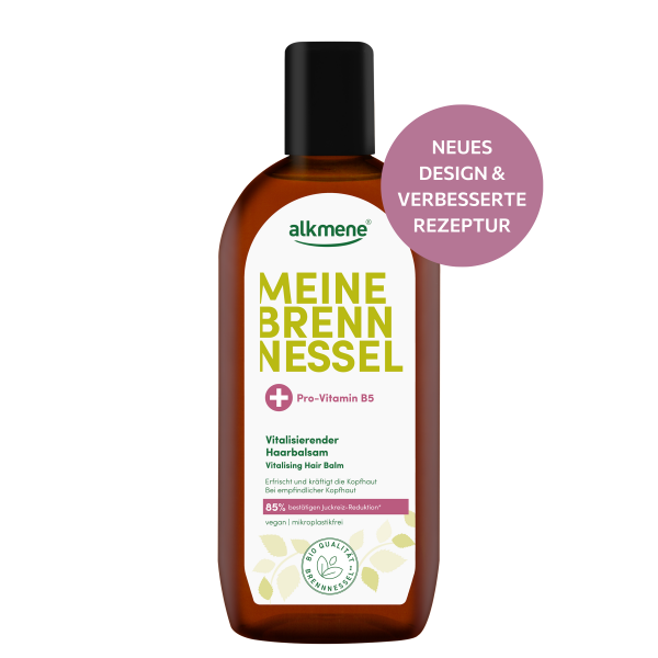 Produktbild braune Flasche alkmene MEINE BRENNNESSEL vitalisierender Haarbalsam neues Design und verbesserte Rezeptur